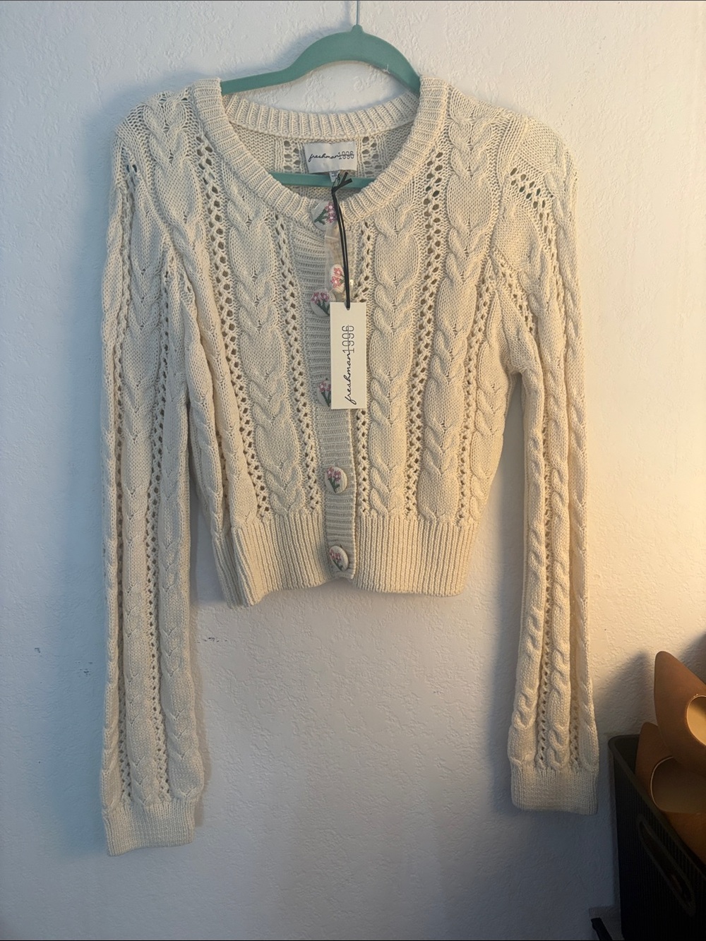 Anthropologie Cream Cable-Knit Cropped Cardigan with Floral Buttons